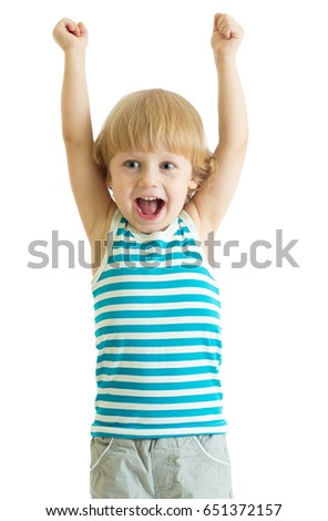 child boy with arms up looking happy, isolated on white