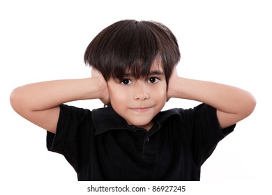 Child Boy Covering His Ears  Over White Background