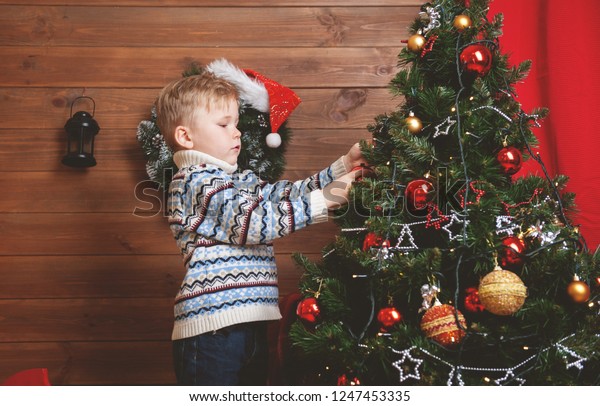 Child Boy Decorate Christmas Tree Happy Stock Photo Edit