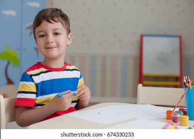 Child Boy Draws Colored Pencils Kindergarten Stock Photo 674330233 ...