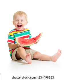Child Boy Eating Watermelon Isolated On White
