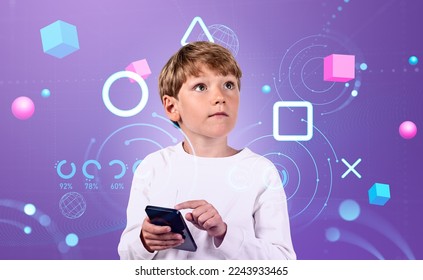 Child boy finger touch phone, metaverse digital hud hologram with geometric figures and data statistics on purple background. Concept of virtual reality - Powered by Shutterstock - Get 15% off with code: PIKWIZARD15