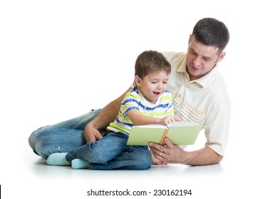 Child Boy And His Dad Read Book Isolated