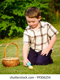 Child Boy Kid Collecting Colorful Easter Eggs During Hunt