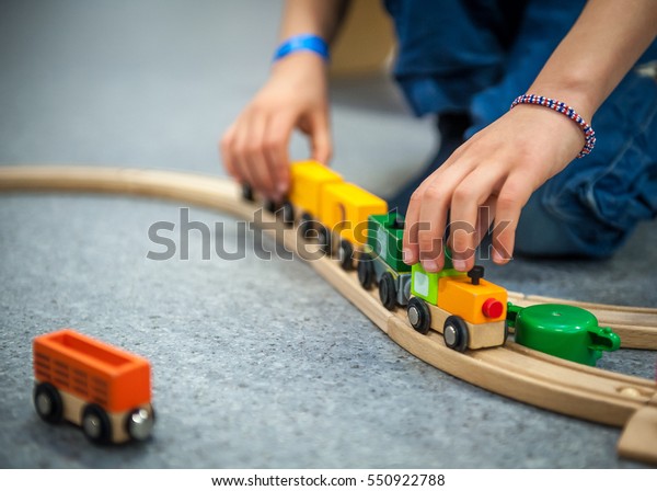 Child Boy Play Wooden Train Build Stock Photo Edit Now - 