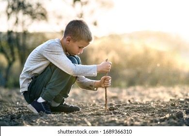 Child Boy Playing With Wooden Stick Digging In Black Dirt Ground Outdoors.