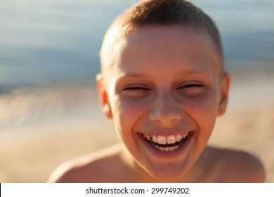 Child Boy Portrait Close Up Sunset Backlight Happy Laughing Braces Teeth Selective Focus