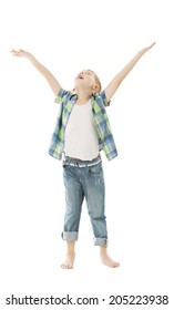 Child Boy Raise Open Hands Up. Isolated White Background. Open Arms To Put Product Here. 