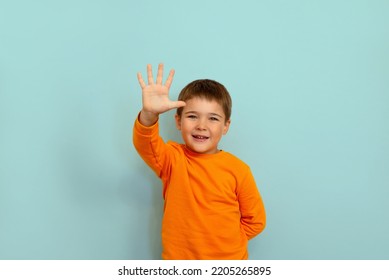 Child Boy Showing Five Fingers On Blue Background Copy Space. Portrait Of A 5 Year Old Boy