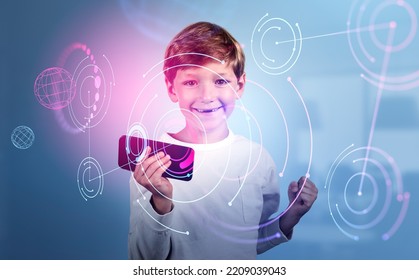 Child Boy With Smartphone And Raised Fist, Happy Portrait. Abstract Metaverse Hologram And Circuit Of Connection In Digital World, Double Exposure. Concept Of Online Education
