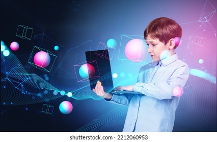 Child boy using laptop, double exposure digital hologram of spheres and blocks floating, lines and connection hud. Concept of metaverse - Shutterstock ID 2212060953