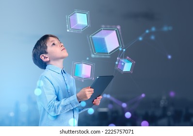 Child boy using tablet and looking up, digital hologram hud of blocks and network. Information fields and blockchain. Concept of metaverse