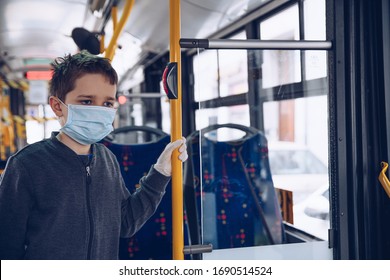 Child Boy Wearing Medical Protective Mask In Public Transport Bus.