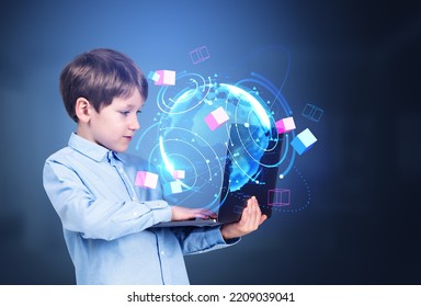 Child boy working with laptop, earth sphere hud and circles hologram with metaverse big data cubes. Concept of distance learning and online education
