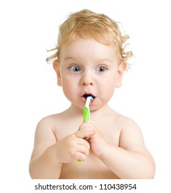 Child Brushing Teeth Isolated On White