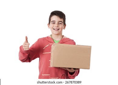 Child With Carton Package Isolated On White