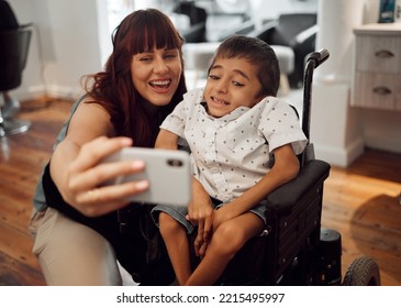 Child, cerebral palsy and happy phone selfie of a mobile disability boy in a wheelchair. Woman or mother smile with a young kid using technology to take a picture together with happiness and care