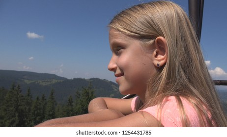 Child in Chairlift, Tourist Girl in Ski Cable, Kid in  Railway Mountains, Alpine