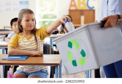 Child, classroom and recycling plastic bottle with teacher for ecology, future and climate change education. Girl, box and recycle at school, class or helping hand for environment, earth and learning - Powered by Shutterstock