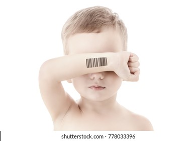 Child With A Code Of Genetic Studies And Experiments. Clone Of DNA And Human Genome. Artificial Intelligence Concept.