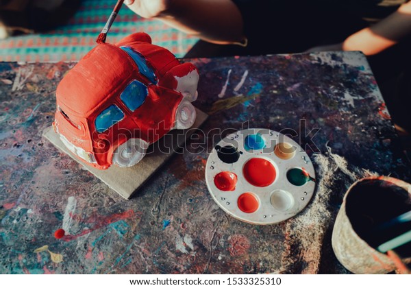 child coloring car statue plaster vintage stock photo edit