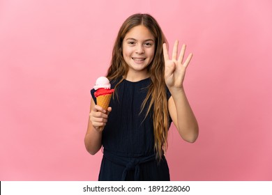 Child With A Cornet Ice Cream Over Isolated Pink Background Happy And Counting Four With Fingers