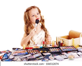 Child Cosmetics. Little Girl Applying Make Up.