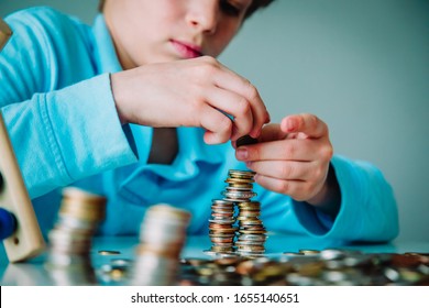 Child Counting Money, Boy Collectiong Coins, Saving Concept