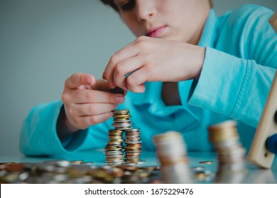 Child Counting Money, Boy Collectiong Coins, Saving Concept