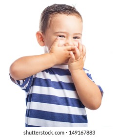 Child Covering His Mouth On A White Background