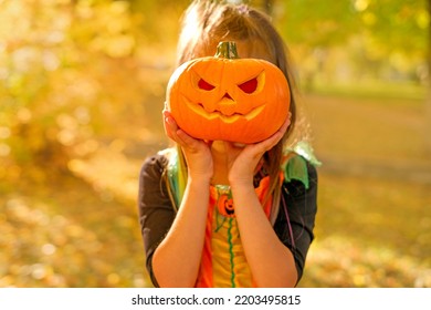 The Child Covers His Face With A Carved Pumpkin With A Fearsome Terrifying Look. Dressing Up For Halloween.