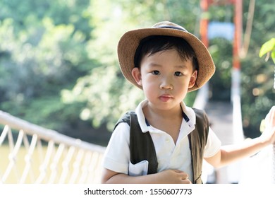 Child Cross The Rope Bridge In The Forest. Concept Of Kid's Adventure.