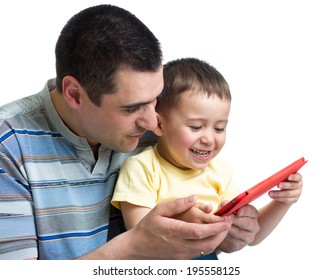 Child And Dad Play And Read Tablet Computer