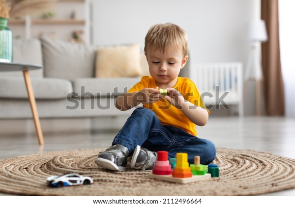 Child development games. Engaged toddler boy\
playing with wooden colorful stacking and sorting toy, sitting on\
floor carpet in living room, copy\
space