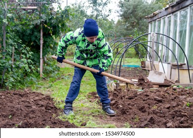 Child Digging Shovel Bed In The Garden. The Boy Helps The Elderly On . Care For Plants In Autumn.