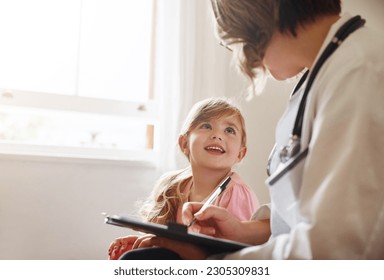 Child doctor, girl and talking trust with medical checklist in a hospital for wellness and health. Happiness, clinic consultant and pediatrician with healthcare and appointment with a kid form