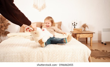 The Child Does Not Want To Share Toys, Cries Screaming Hysterical. A Two-year-old Girl Doesn't Give A Toy Bear. Dad Picks Up A Soft Toy. Beige Home Interior.