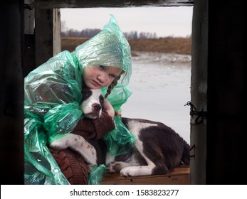 A Child And A Dog In A Flood Disaster Area. The Girl Was Crying. Waiting For Help Rescuers Under The Bridge