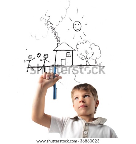 child drawing his dream of happiness
