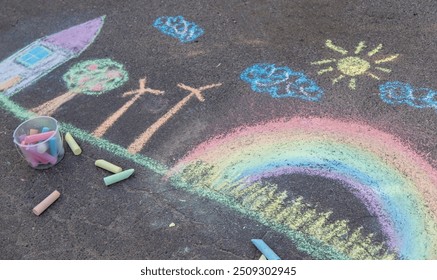 a child draws with chalk on the asphalt. beautiful picture - Powered by Shutterstock