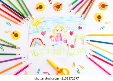 A child draws postcard for mother's day  Beautiful landscape and mom drawn and pencils  Happy mother's day  Happy birthday card for mom