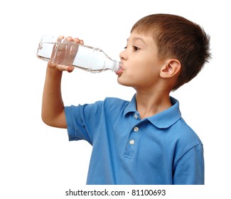 Child Drinks Water From Bottle Isolated On White Background