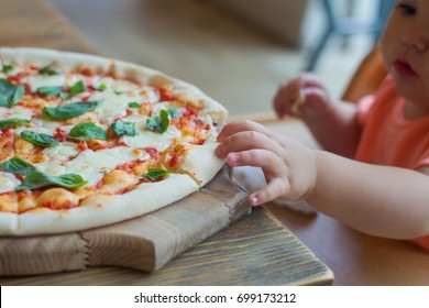 Child Eating Italian Pizza In Cafe, Fast Food