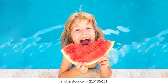 Child eating watermelon near swimming pool during summer holidays. Kids eat fruit outdoors. Healthy food for children. Banner for design header, copy space. - Powered by Shutterstock