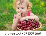 The child eats cherries in the garden. Selective focus. Food.