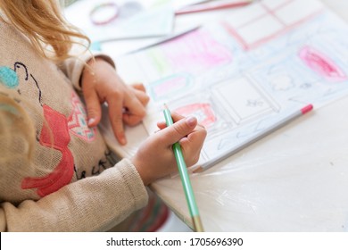 Child Is Engaged In Creativity, A Preschooler Makes Crafts, Children's Creativity At Home And In Kindergarten.