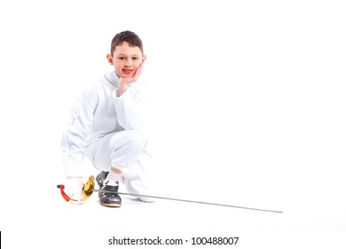 Child epee fencing lunge. Isolated on white background.