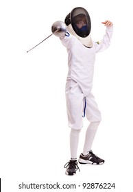 Child epee fencing lunge. Isolated.