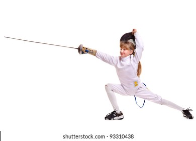 Child epee fencing lunge. Isolated.
