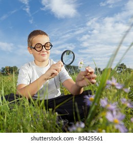 Child, Examining With A Magnifying Glass Flower